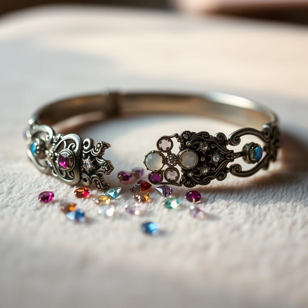 A broken bracelet lying on a soft, velvety surface