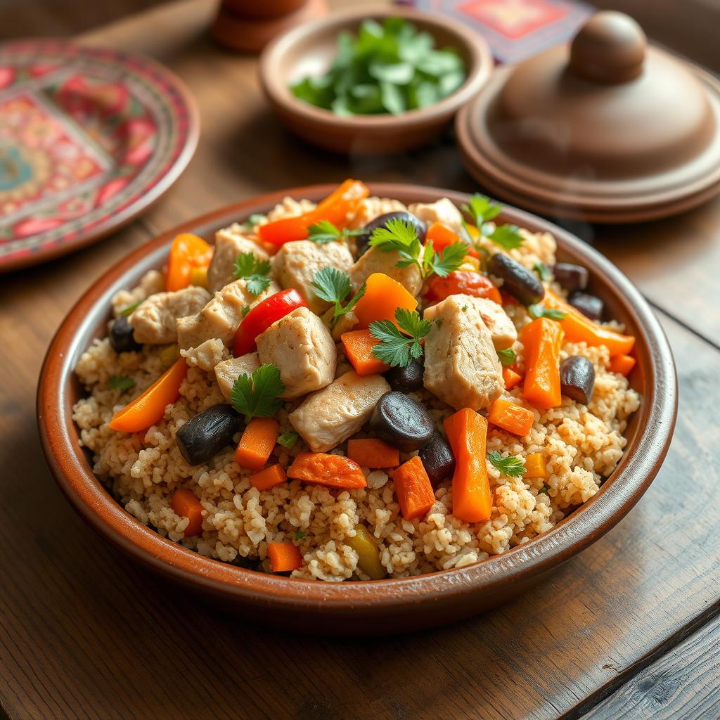 A beautifully plated traditional Middle Eastern dish of Bulgur Chicken Maqluba, showcasing layers of fluffy bulgur wheat, tender chicken pieces, and vibrant vegetables like carrots, bell peppers, and eggplant