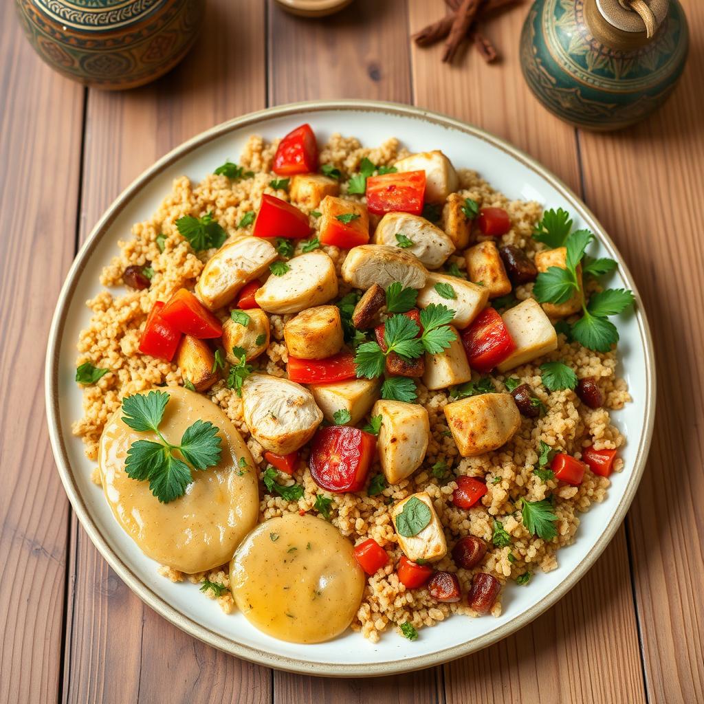 A beautifully arranged plate of Bulgur Chicken Maqluba, showcasing the traditional Middle Eastern dish flipped upside down to reveal layers of golden bulgur wheat, tender chicken pieces, and vibrant vegetables