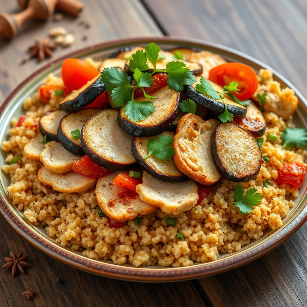 A beautifully plated dish of bulgur chicken Maqluba, showcasing perfectly cooked bulgur wheat layered with tender, seasoned chicken pieces, and colorful vegetables like eggplant and tomatoes