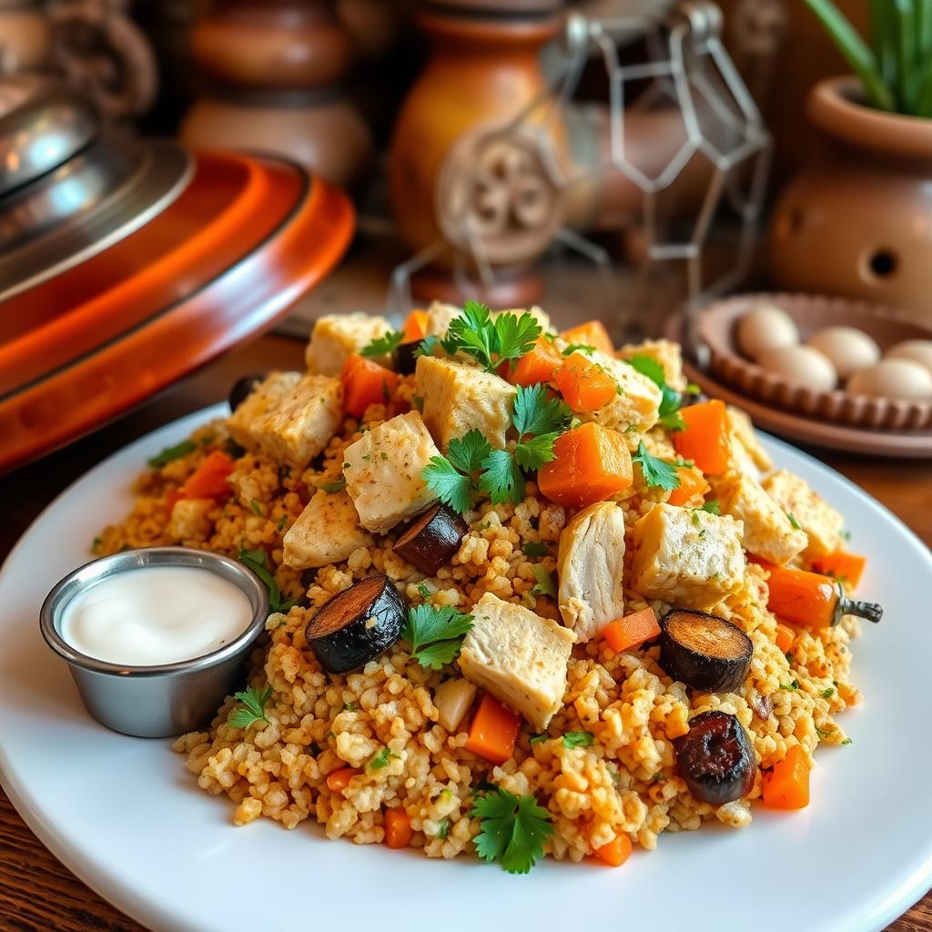 A beautifully arranged plate of Bulgur Chicken Maqluba, showcasing vibrant layers of bulgur wheat, tender chicken pieces, and an assortment of vegetables such as carrots and eggplants