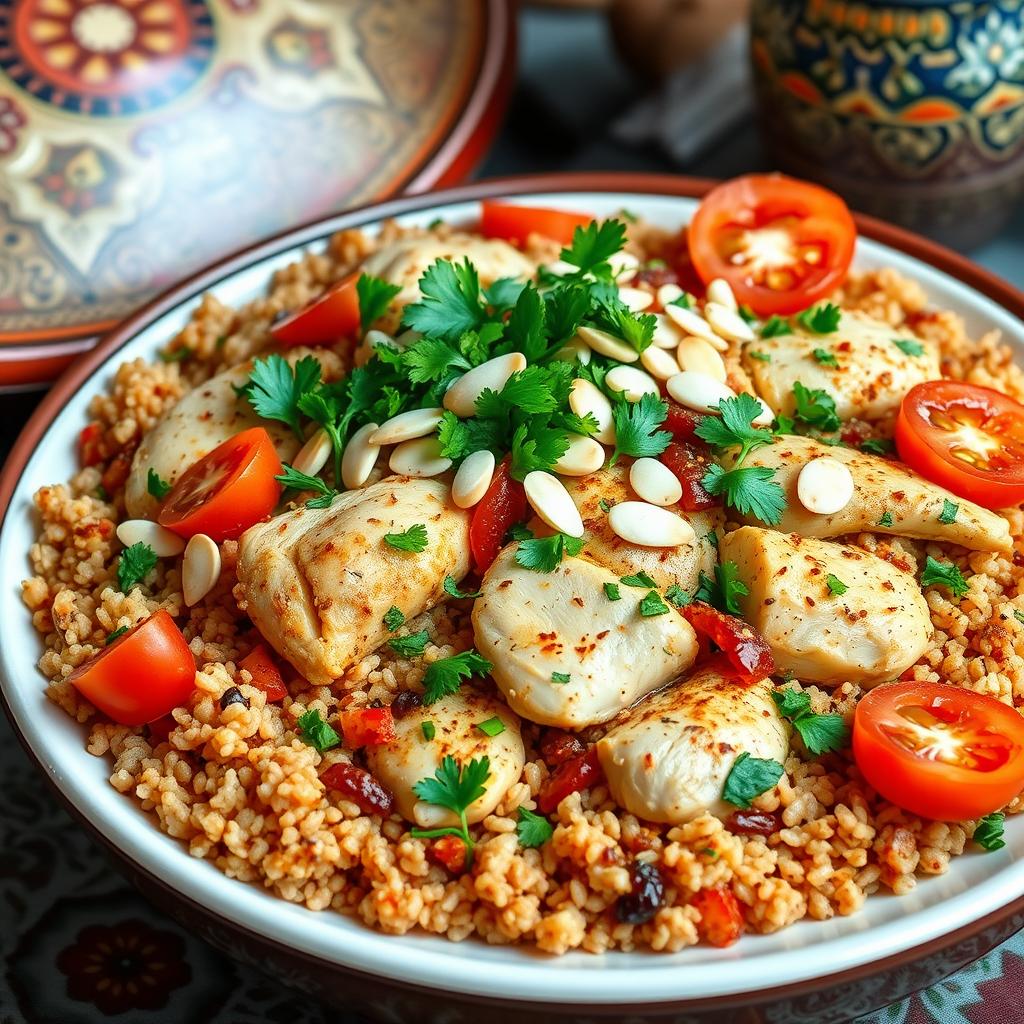 A beautifully arranged plate of Maqluba featuring tender bulgur wheat layered with succulent pieces of spiced chicken, topped with vibrant garnishes of parsley, almonds, and thinly sliced tomatoes