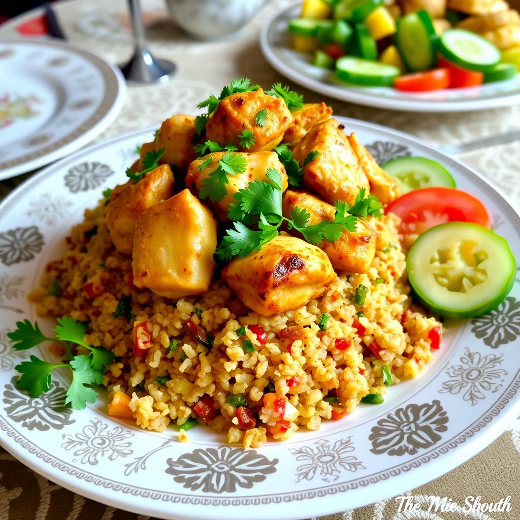 A beautifully arranged plate of Bulgur Chicken Maqluba, featuring a generous portion of flavorful, golden-brown chicken pieces layered atop a mound of spiced bulgur wheat