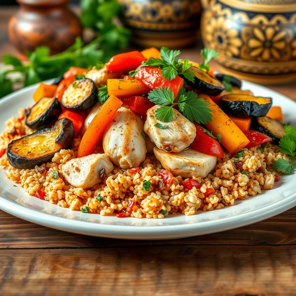 A beautifully plated dish of Bulgur Chicken Maqluba, showcasing tender chunks of chicken seasoned with spices, layered over fluffy bulgur wheat, topped with vibrant roasted vegetables like eggplant, carrots, and bell peppers