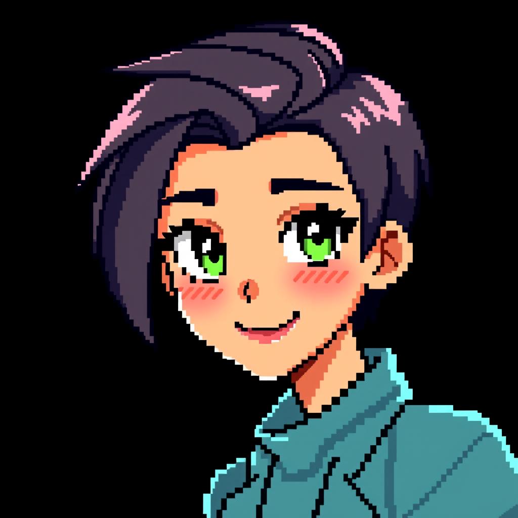 A pixel art avatar of a character with short hair, set against a black background