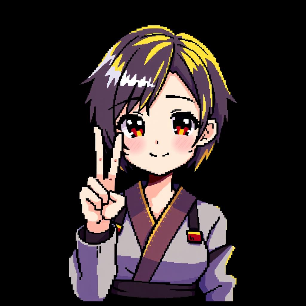 A pixel art avatar of a Japanese woman with short hair, set against a black background