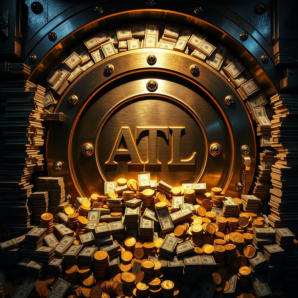 An elaborate vault overflowing with stacks of cash and piles of shimmering gold coins and bars