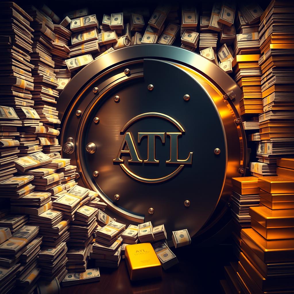 A luxurious vault overflowing with stacks of cash and shiny gold bars, showcasing an impressive amount of wealth