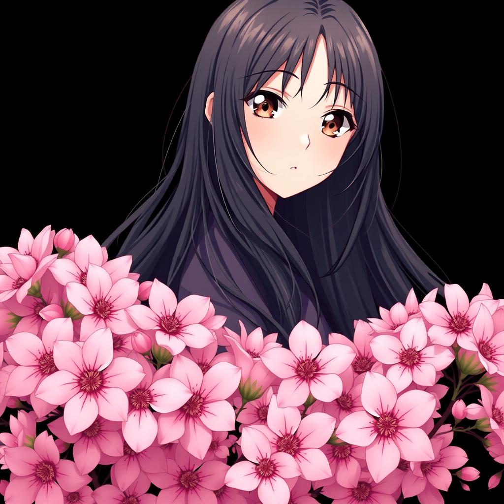 An anime girl with small, expressive hazel eyes and long, flowing black hair, illustrated in a vivid and captivating art style