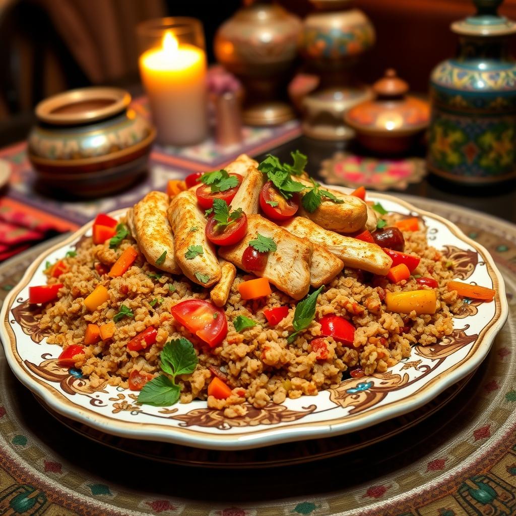 A beautifully arranged plate of Bulgur Chicken Maqluba, showcasing layers of tender chicken, spiced bulgur wheat, and vibrant vegetables such as tomatoes, carrots, and bell peppers