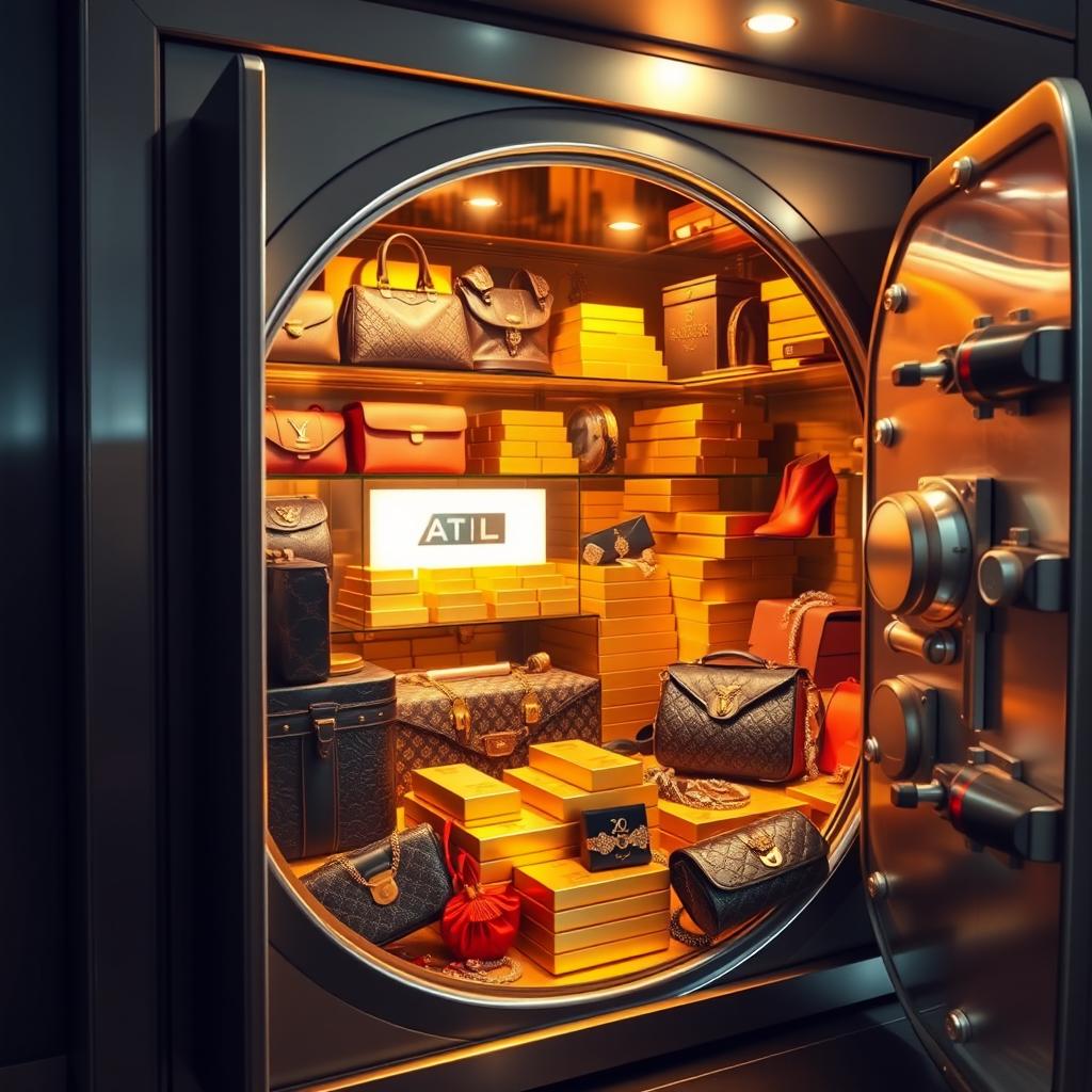 A luxurious vault overflowing with high-end designer items such as handbags, shoes, and jewelry, shimmering gold bars stacked neatly, and the logo 'ATL' prominently displayed on the vault door