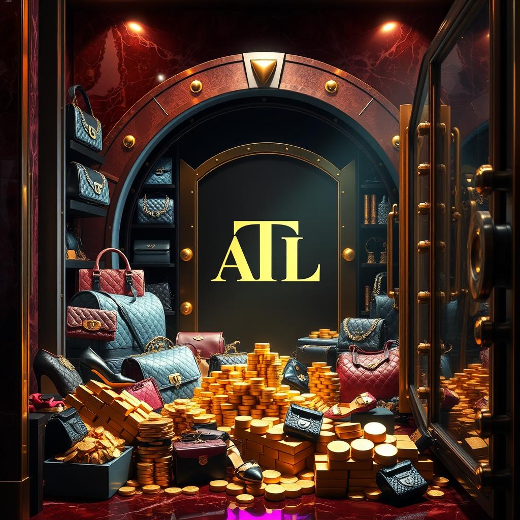 A luxurious vault overflowing with designer items such as high-end handbags, shoes, and accessories, as well as piles of shining gold coins and gold bars