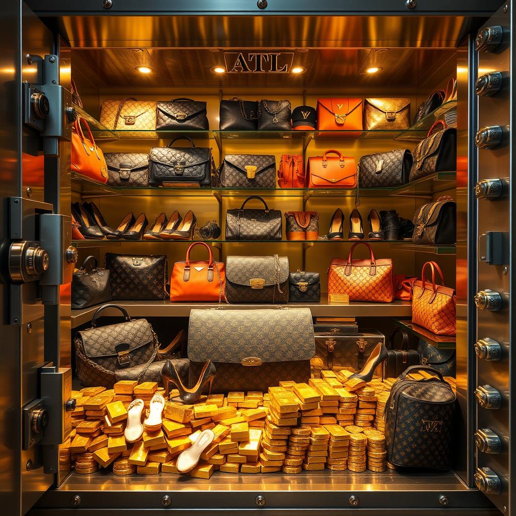 A luxurious vault bursting with high-end designer items including handbags, shoes, and accessories, alongside piles of shimmering gold bars and coins