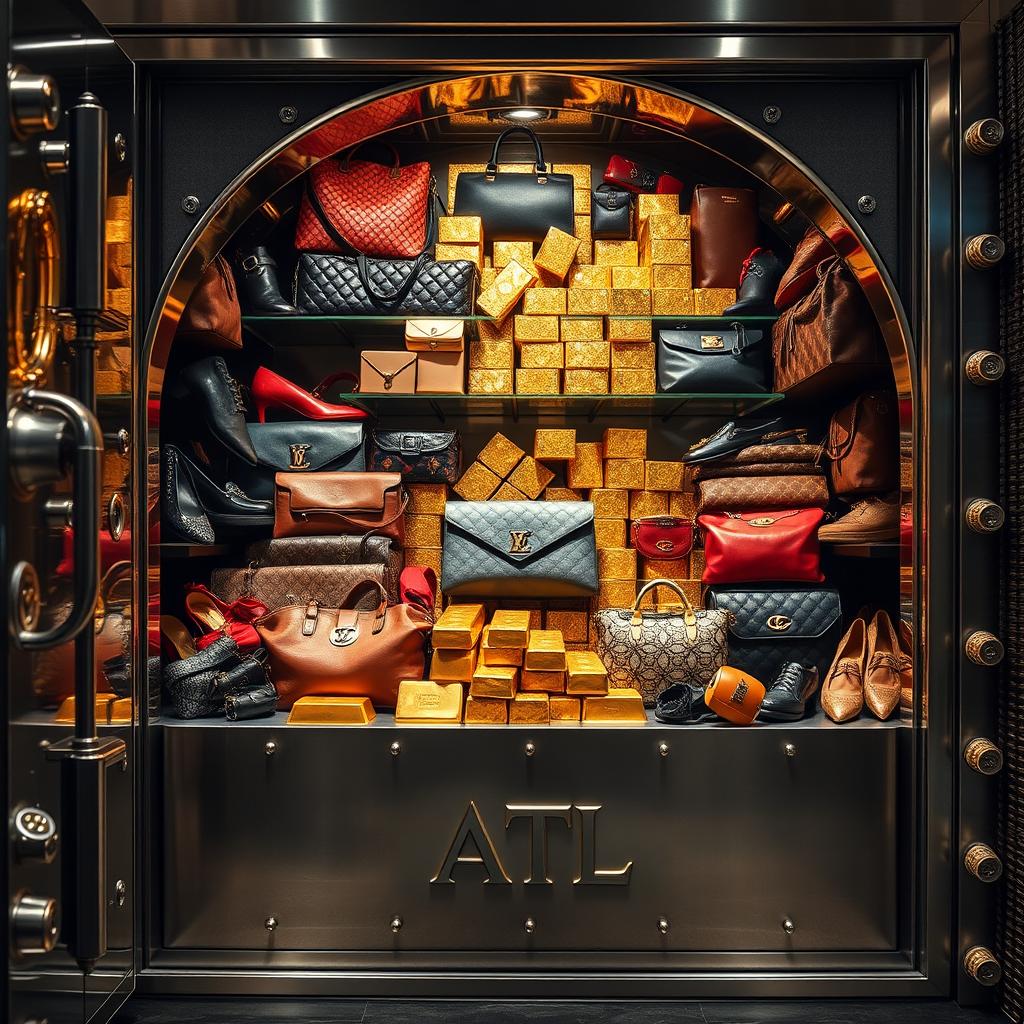 A luxurious vault overflowing with designer items such as high-end handbags, shoes, and accessories, glittering gold bars piled high, and a prominent logo reading 'ATL' engraved on the front of the vault