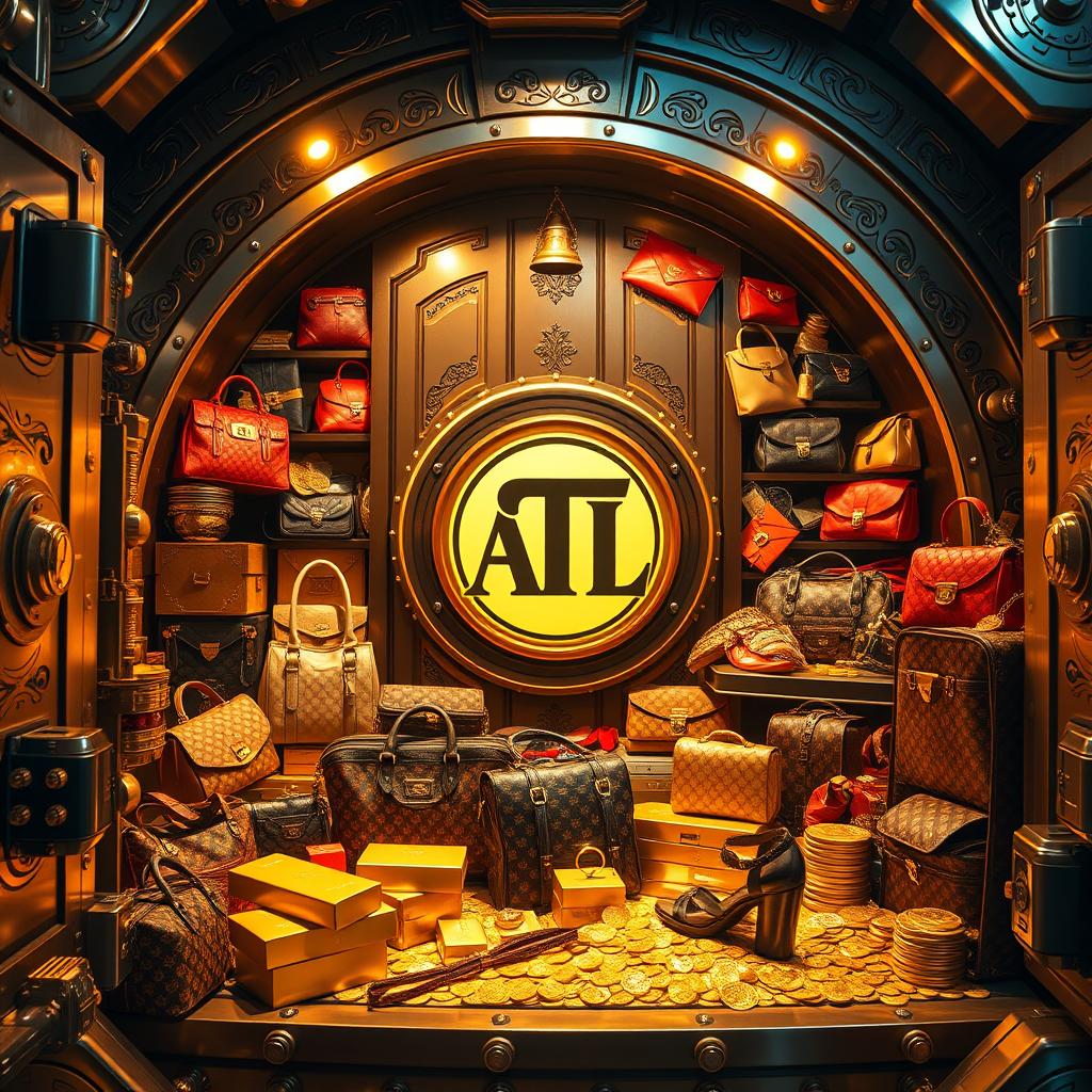 An opulent vault overflowing with luxurious designer items such as handbags, shoes, and accessories, alongside gleaming gold bars and coins