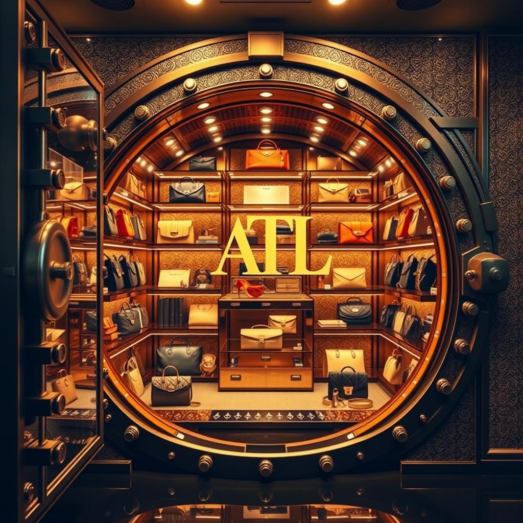 A luxurious vault bursting with high-end designer items such as handbags, shoes, and accessories, all shimmering with gold accents