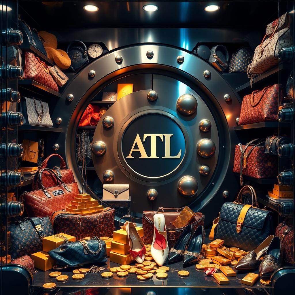 A luxurious vault overflowing with designer items such as high-end fashion bags, shoes, and accessories, alongside gleaming gold bars and coins