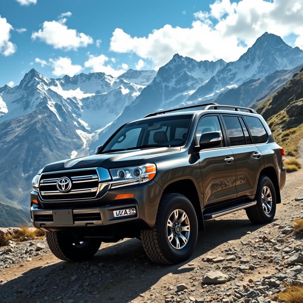 A Toyota Land Cruiser 90 GX parked on a rugged mountain trail, showcasing its robust and iconic design