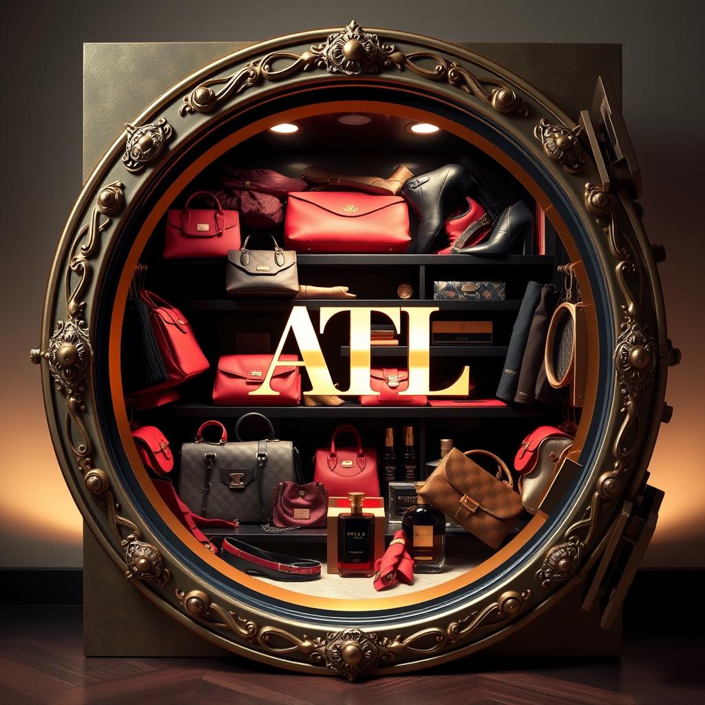 An ornate vault door, richly decorated, is shown wide open, revealing an overflowing bounty of luxurious designer items like handbags, shoes, and clothes, alongside several elegant bottles of cologne