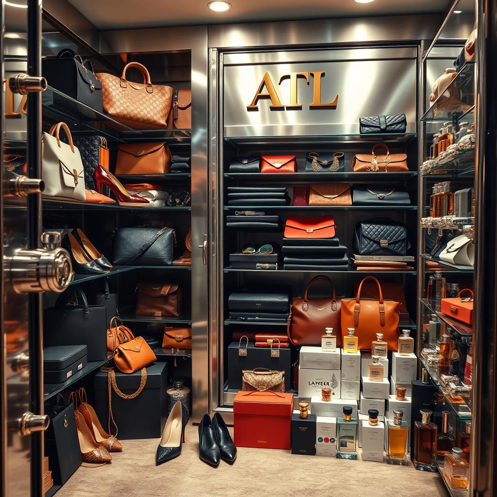 A luxurious vault overflowing with an array of high-end designer items, including elegant handbags, shoes, and fashion accessories prominently displayed