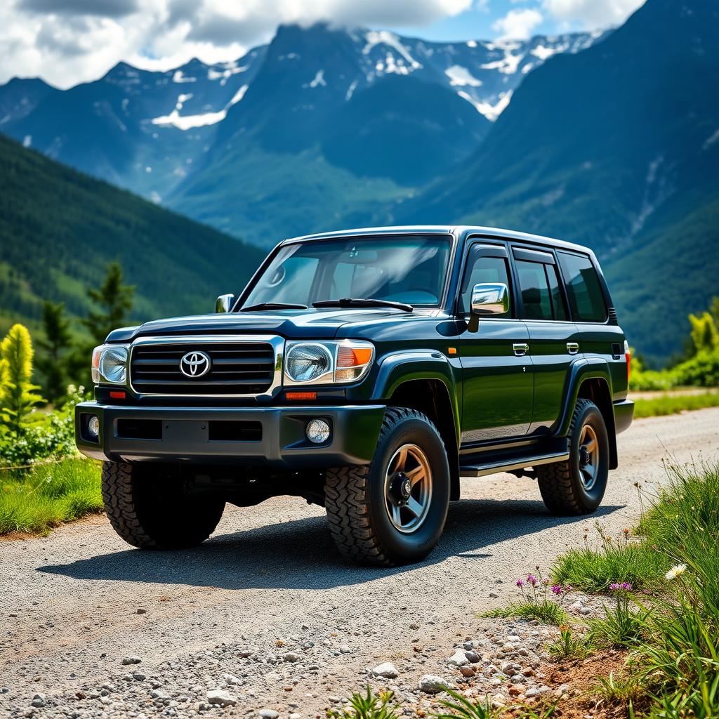A Toyota Land Cruiser 90 GX positioned on a gravel road with a stunning mountainous landscape in the background