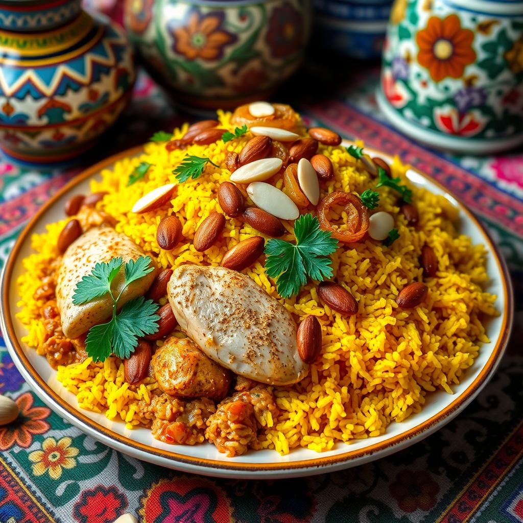A beautifully arranged plate of Bulgur Chicken Maqluba, featuring tender pieces of chicken cooked with spices, layered with fluffy bulgur wheat, and topped with vibrant yellow saffron-infused rice