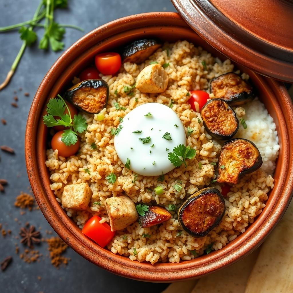 A beautifully arranged plate of Bulgur chicken Maqluba, showcasing perfectly cooked bulgur rice layered with tender pieces of spiced chicken, garnished with fried eggplant and aromatic herbs