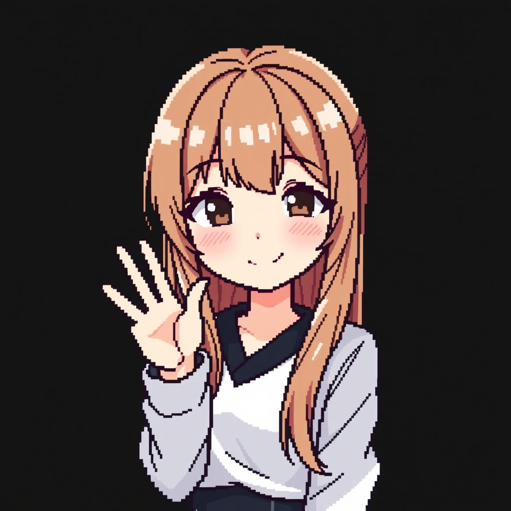 A pixel art avatar of a Japanese woman with long light brown hair, set against a black background
