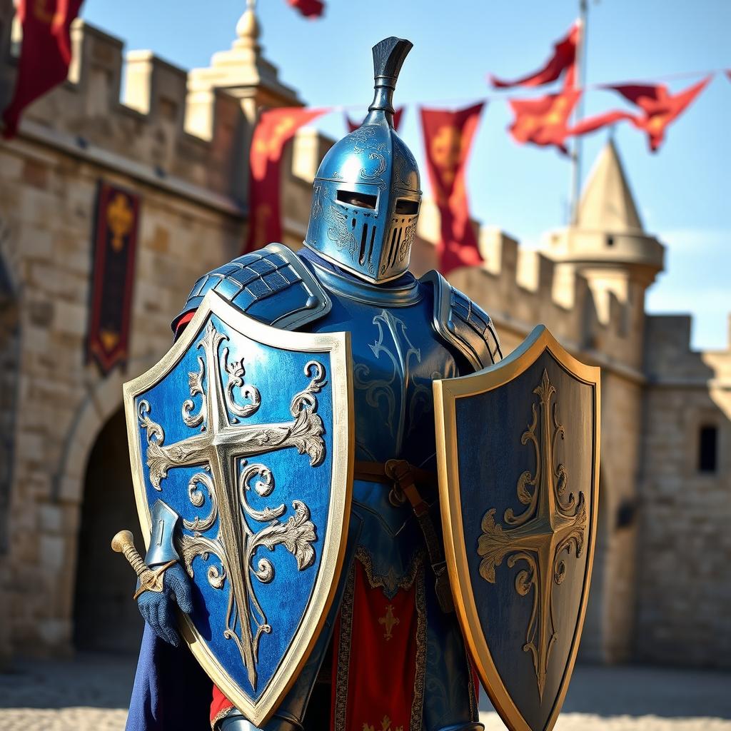 A medieval guard wearing striking blue armor, standing proudly with a shield in one hand and a sword in the other