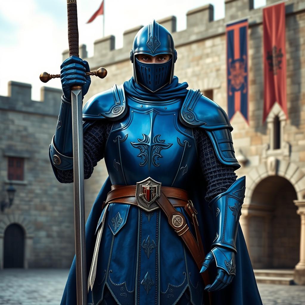 A medieval guard in stunning blue armor, standing tall and alert, holding a sword in an imposing stance