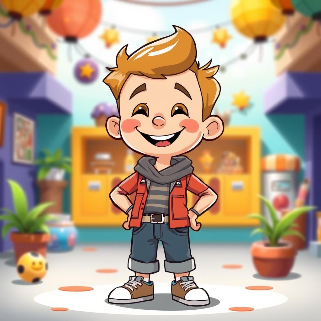 The same cartoon boy character from the reference image, without any alterations or modifications, standing confidently with a friendly smile