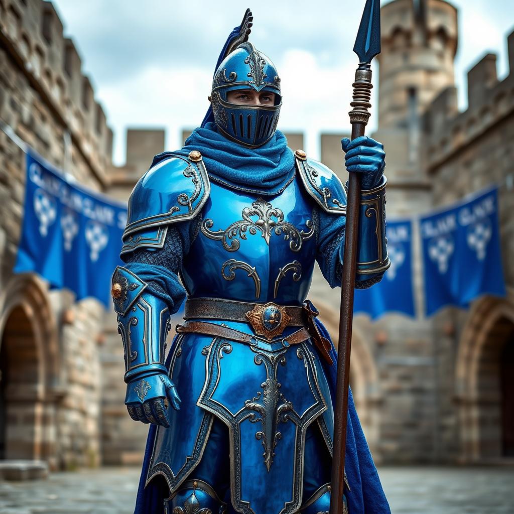 A medieval guard clad in vibrant blue armor, standing valiantly with a spear in hand