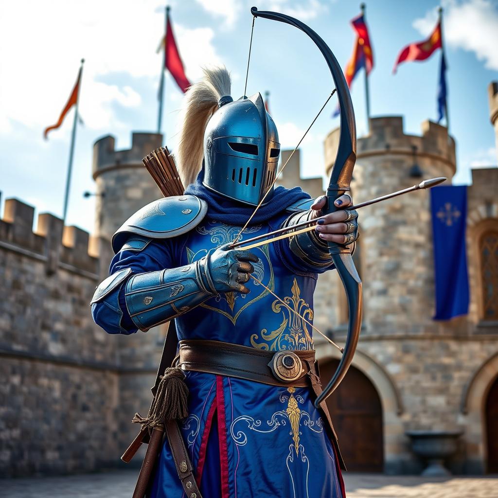 A medieval guard dressed in eye-catching blue armor, standing confidently with a bow in hand, ready to take aim
