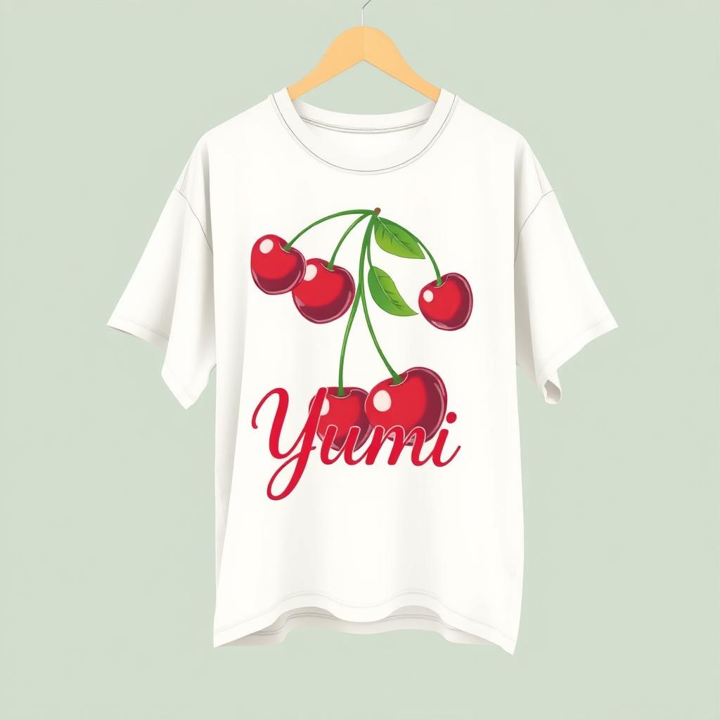 A stylish oversized T-shirt design featuring a vibrant cherry graphic at the front, complemented by the elegant inscription "Yumi" in a playful, artistic font