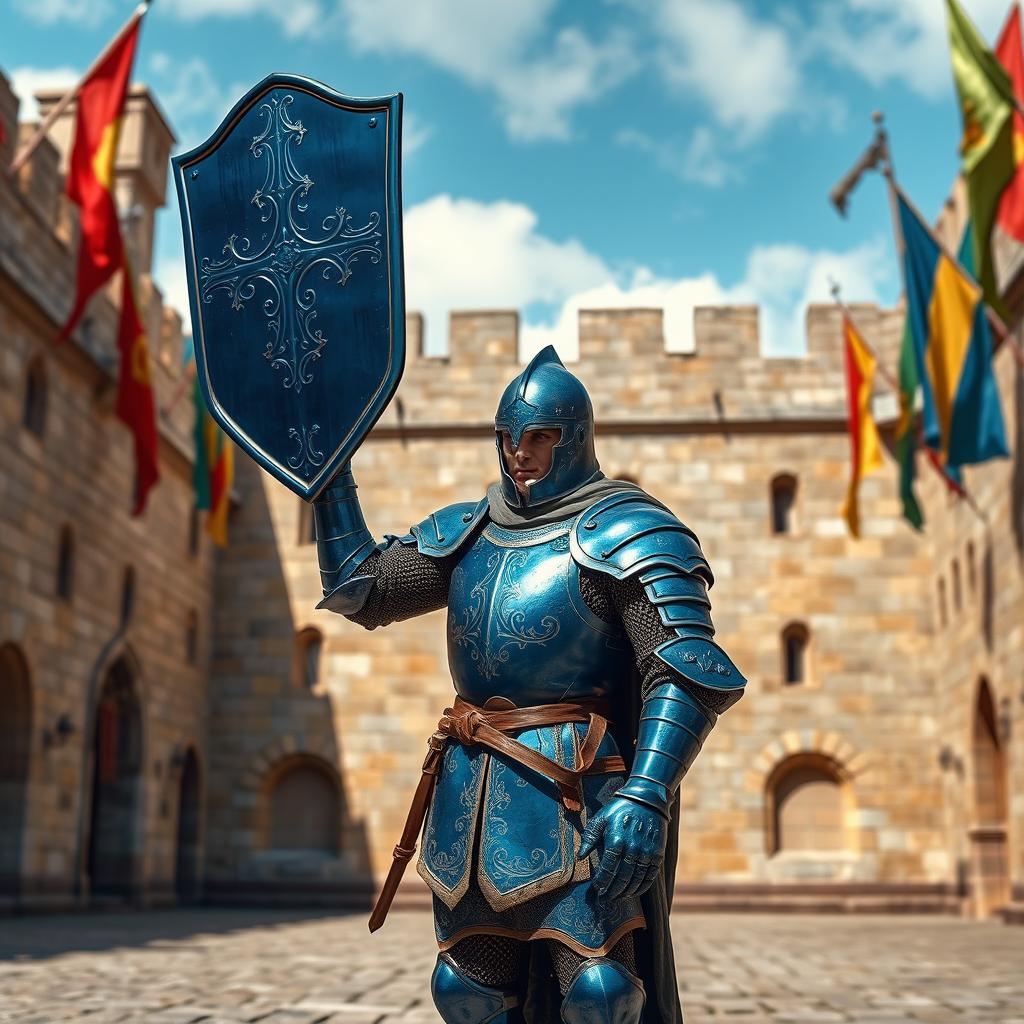 A medieval guard dressed in striking blue armor, standing firmly with a shield raised in a state of readiness