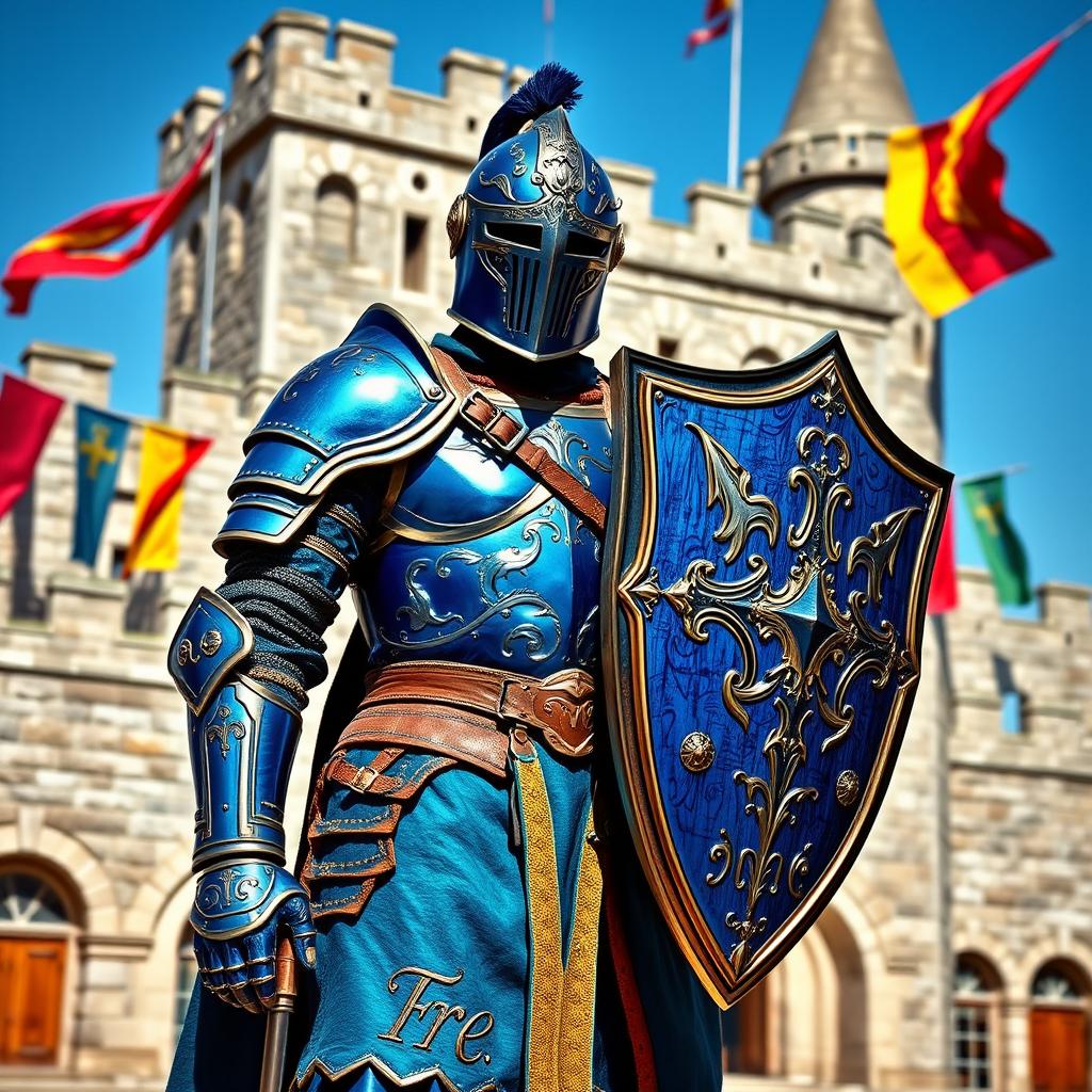 A medieval guard wearing striking blue armor, standing proudly with a shield raised beside him