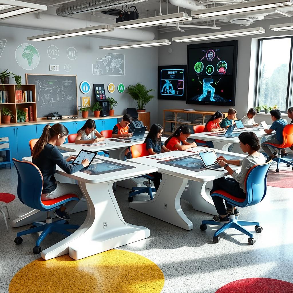 A modern classroom featuring futuristic desks and chairs designed for an innovative learning environment