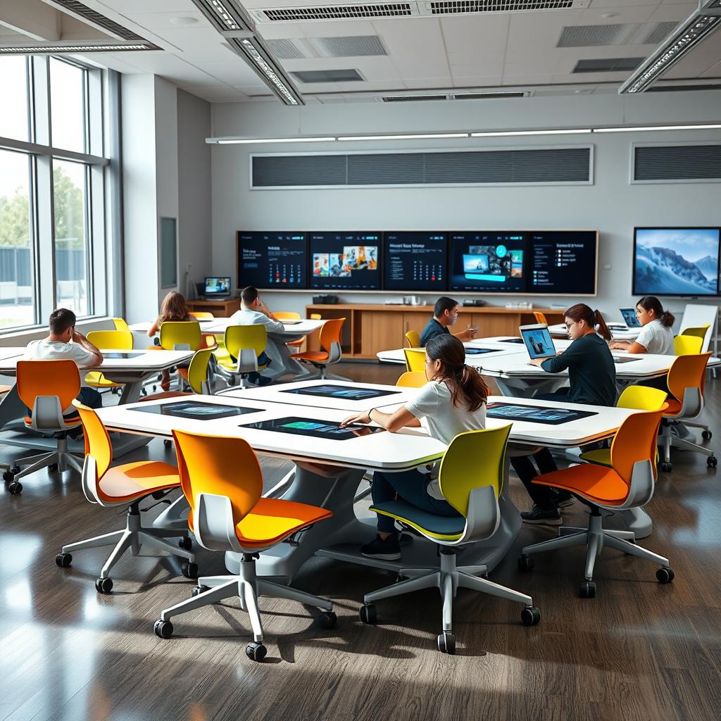 A futuristic classroom setting featuring innovative desks and chairs