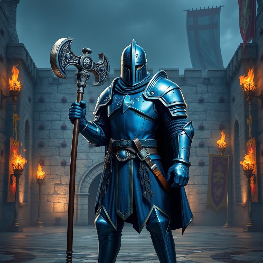 A medieval guard clad in striking blue armor, standing resolutely with a sturdy mace in hand, ready to defend