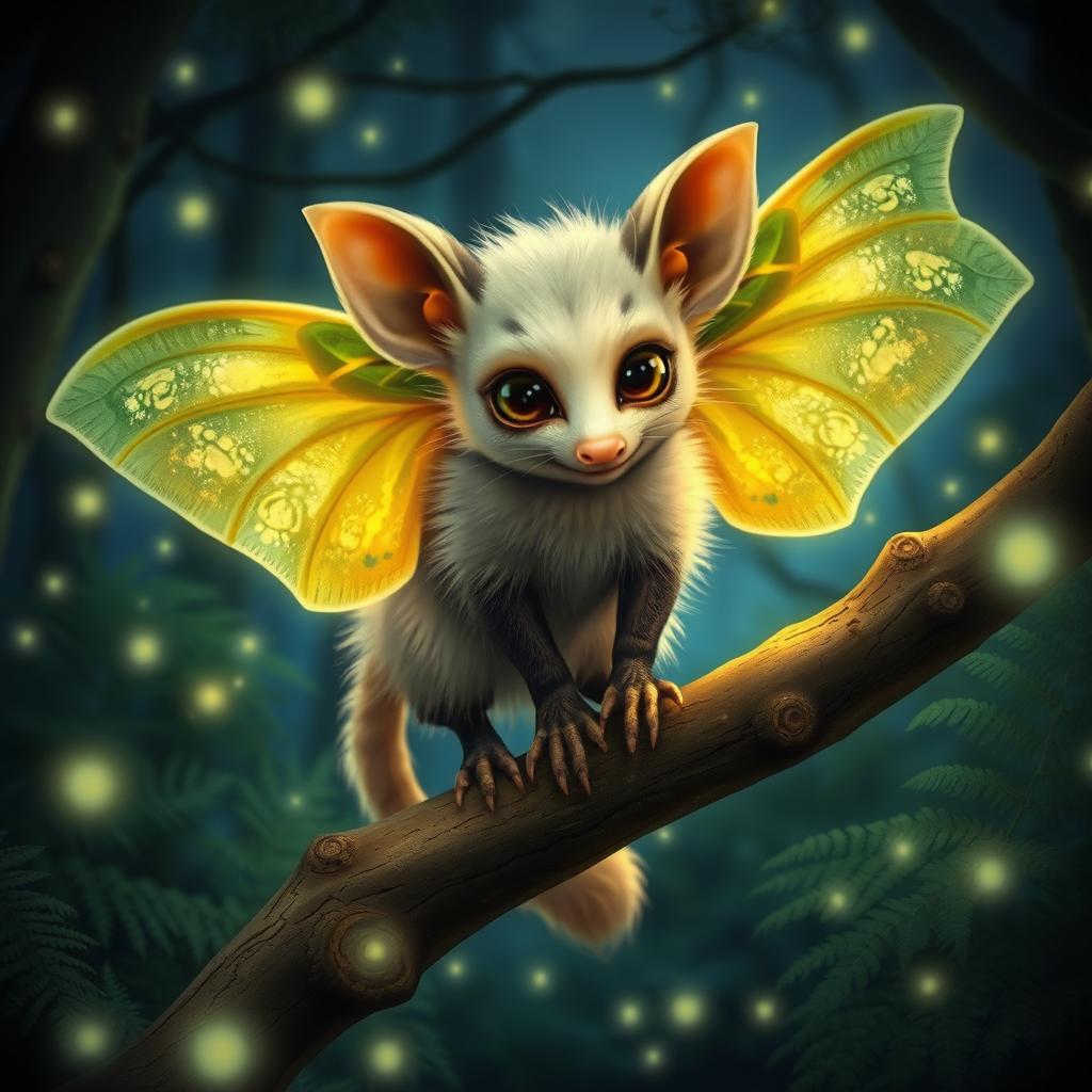 A fantastical creature that is a hybrid of an opossum, a fox, and a Luna moth