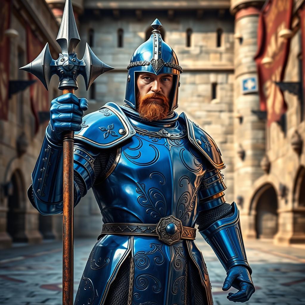 A medieval guard adorned in striking blue armor, standing valiantly with a spiked mace held firmly in one hand