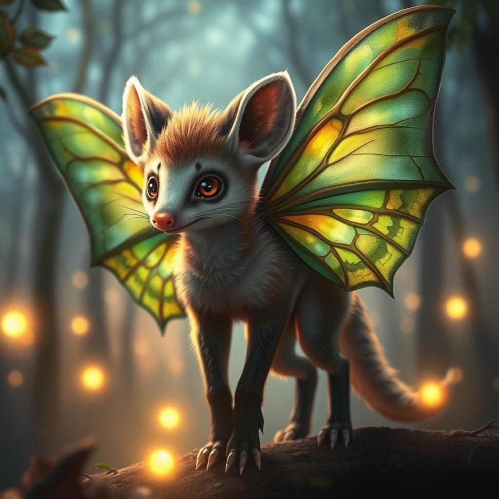 A fantastical creature that is a hybrid between an opossum, a fox, and a Luna moth