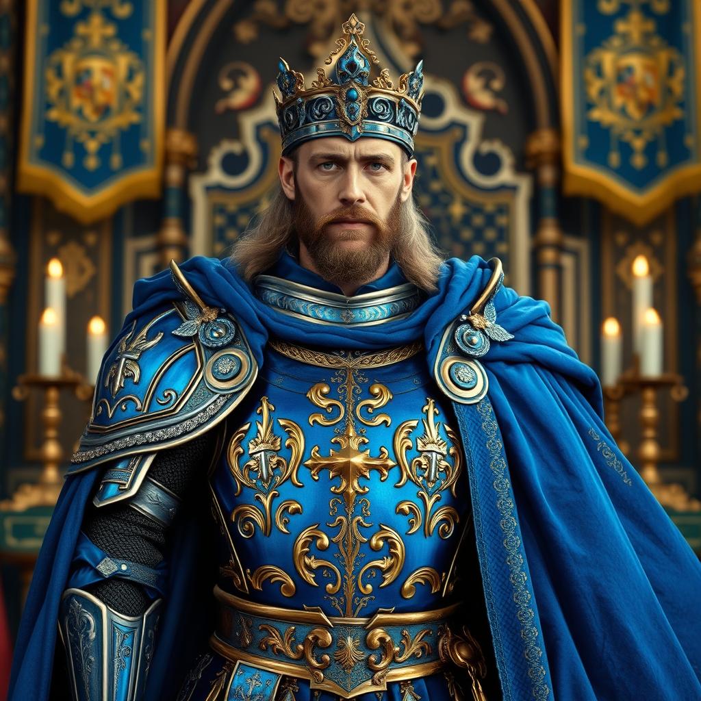 A regal medieval king adorned in splendid blue armor, standing tall and commanding
