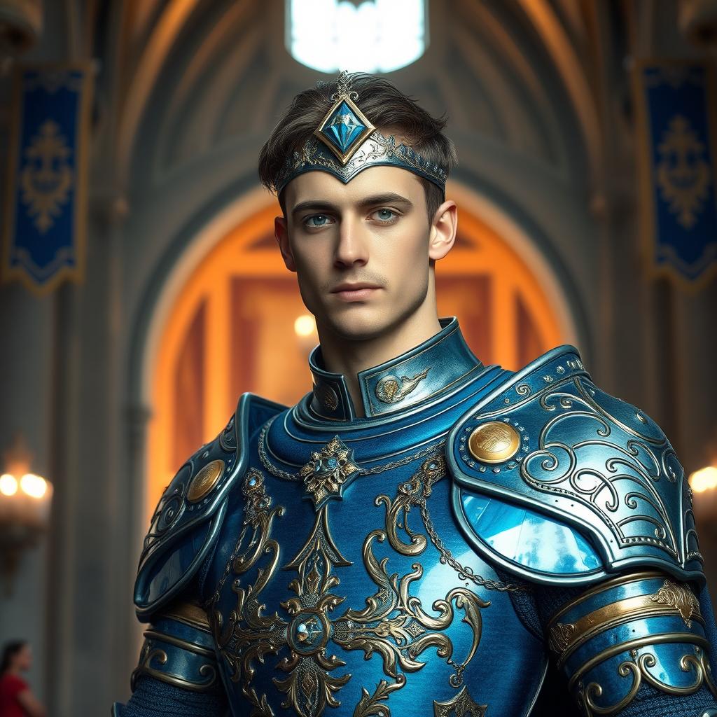 A medieval prince dressed in elegant blue armor, exuding both nobility and valor