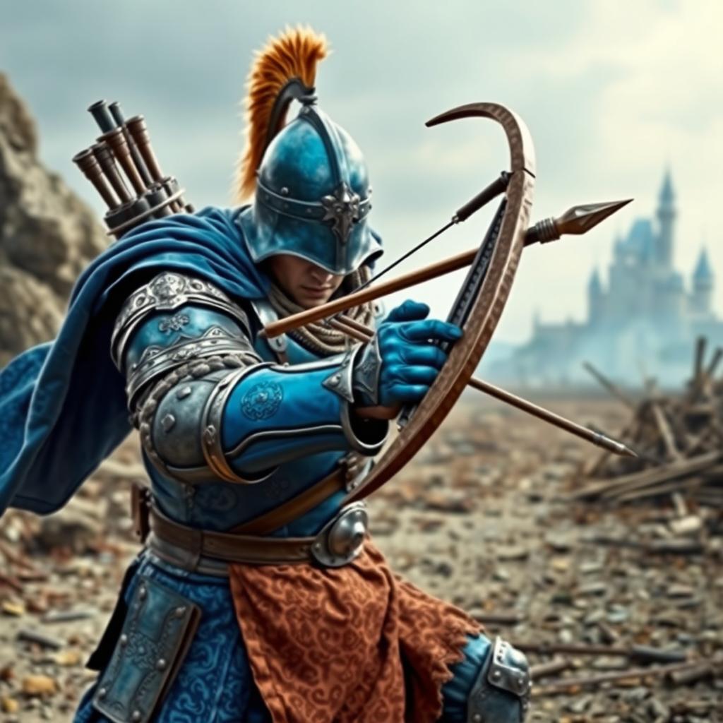 A medieval warrior clad in striking blue armor, poised for action with a crossbow ready in hand