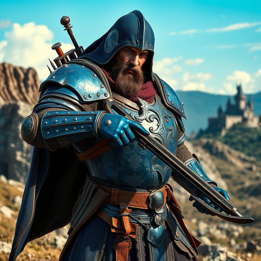 A medieval warrior equipped with striking blue armor, standing in a dynamic pose while holding a crossbow ready for action