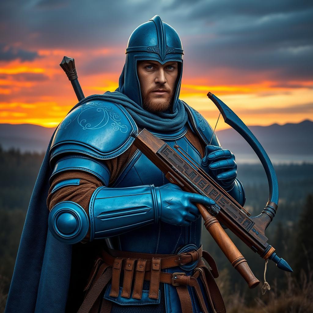 A medieval warrior wearing striking blue armor, confidently holding a crossbow at the ready