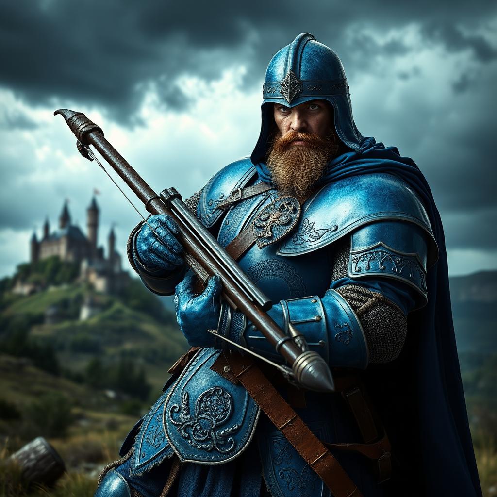 A medieval warrior dressed in striking blue armor, confidently wielding a heavy crossbow