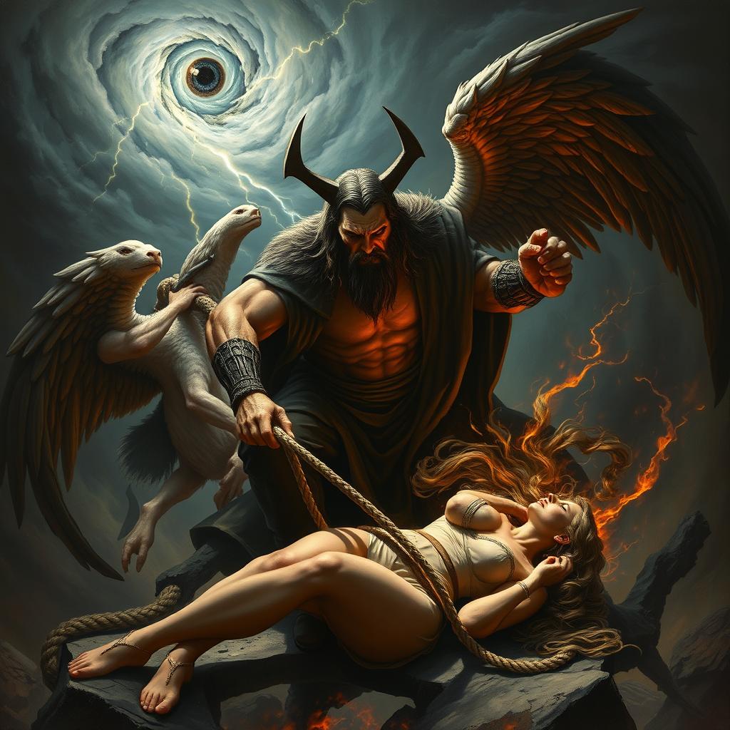 A powerful and ominous figure representing the Antichrist of the End Times, featuring a single eye located in the center of his forehead, no other eyes present