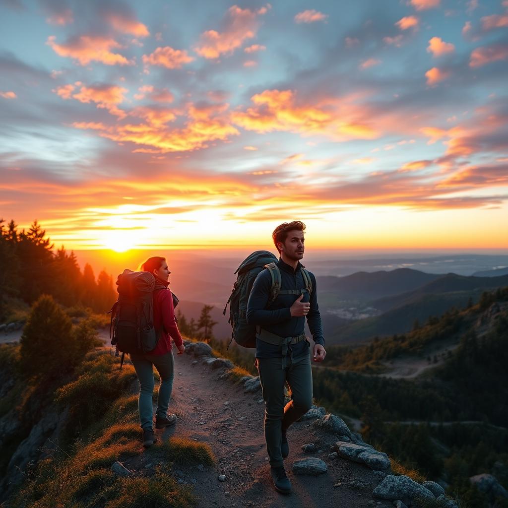 Two realistic backpackers walking along a winding mountain path at sunset, their backpacks full of gear